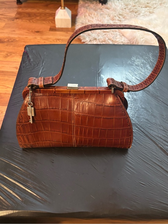 Fossil Handbags - Fossil Croc-Embossed Brown Leather Shoulder Bag with Charm